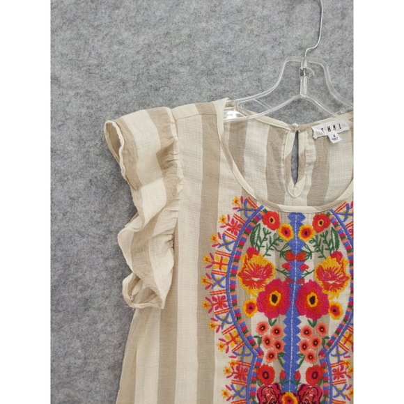 THML Embroidered Top‎ Striped Ruffle Sleeve Casual Blouse Boho Chic Sz S Peasant - Picture 2 of 8